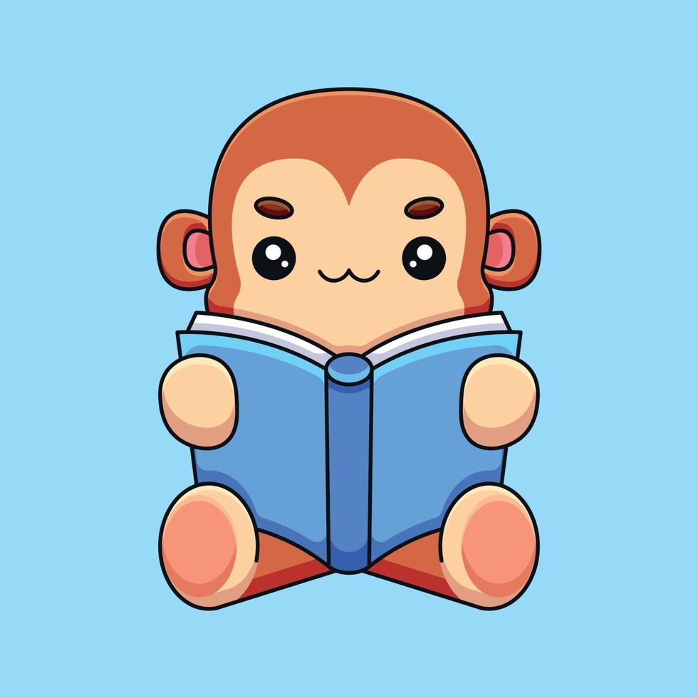 cute monkey reading book cartoon mascot doodle art hand drawn concept vector kawaii icon illustration