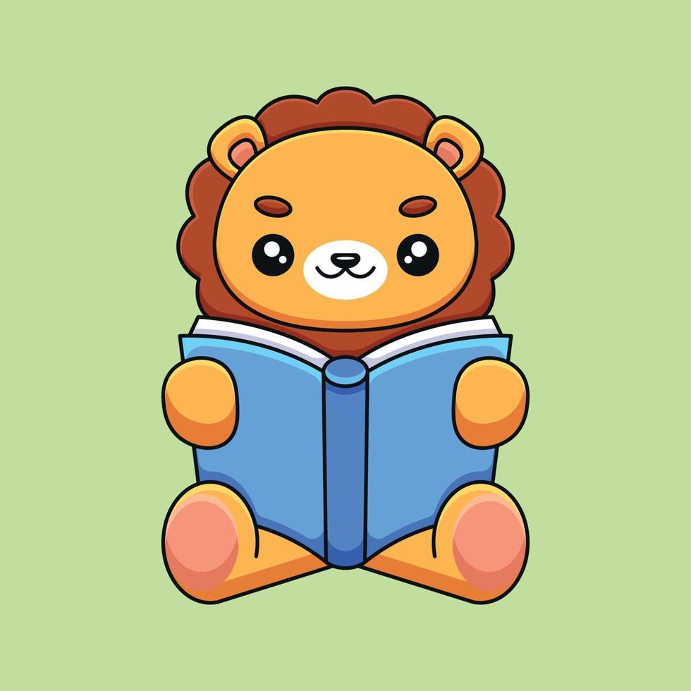 cute lion reading book cartoon mascot doodle art hand drawn concept vector kawaii icon illustration