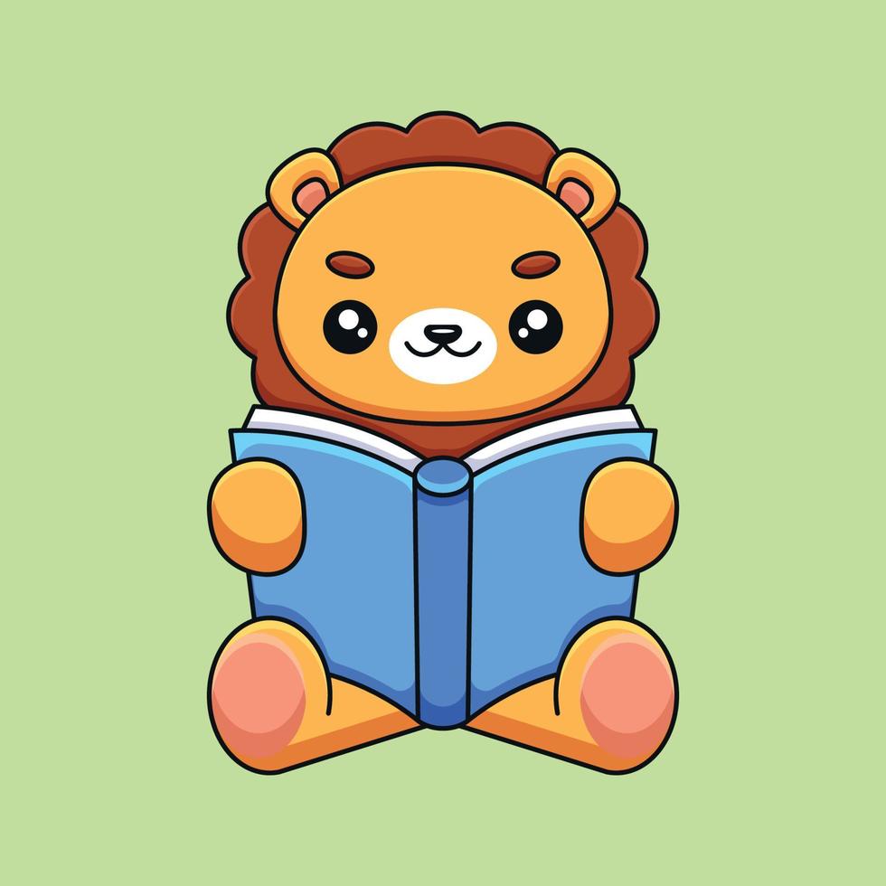 cute lion reading book cartoon mascot doodle art hand drawn concept vector kawaii icon illustration