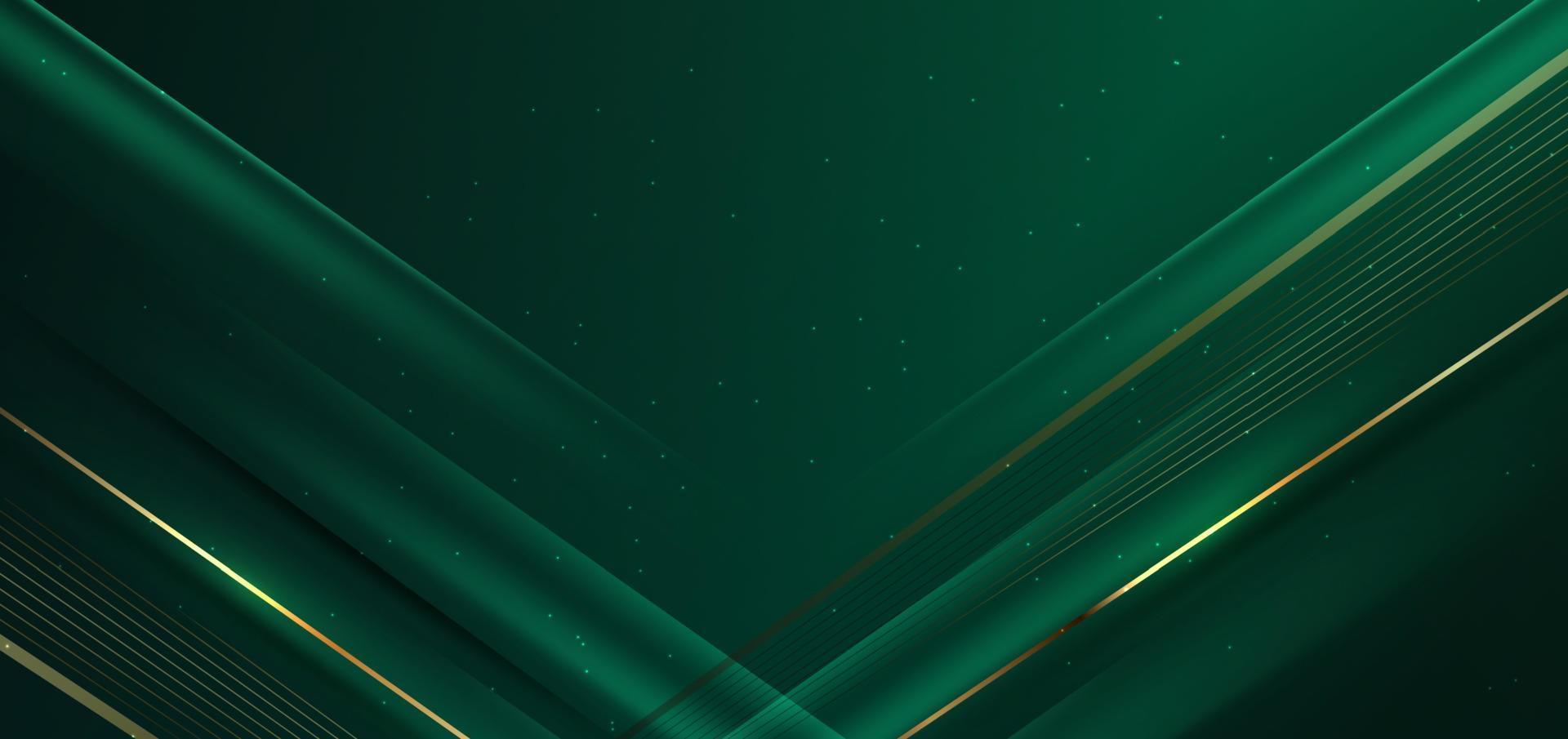 Abstract elegant dark green background with golden line diagonal and lighting effect sparkle. Luxury template design. vector