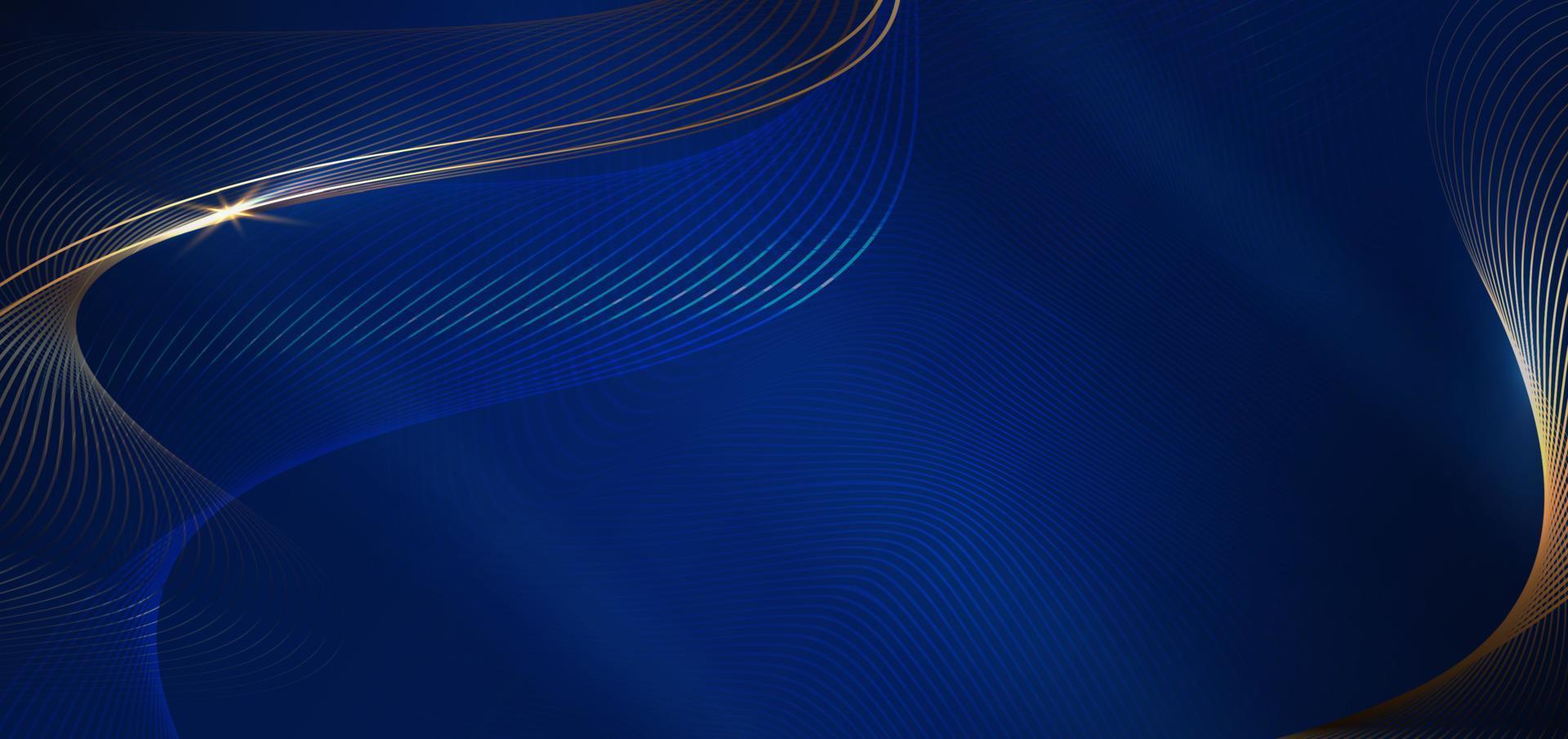 Abstract luxury golden lines curved overlapping on dark blue background. Template premium award design. vector
