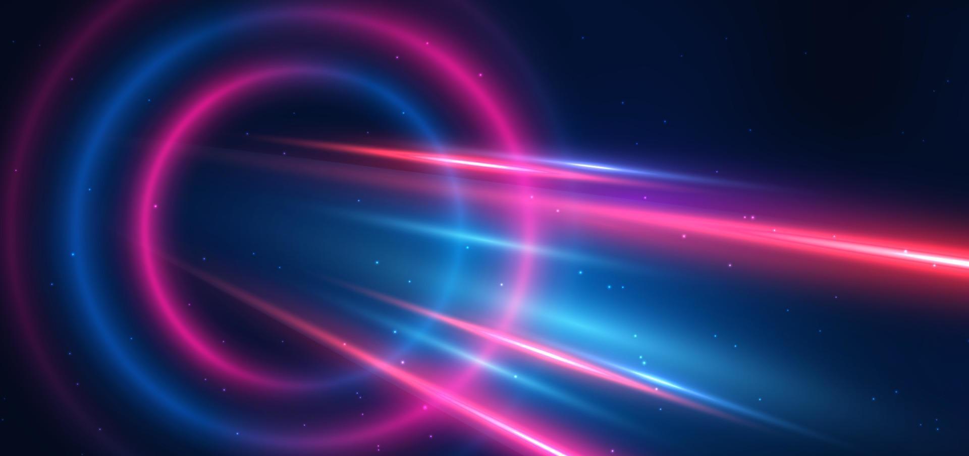 Abstract technology futuristic neon circle glowing blue and pink  light lines with speed motion blur effect on dark blue background. vector