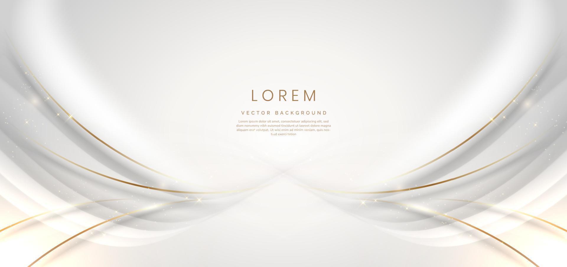 Luxury grey and white curved lines background with golden line and lighting effect sparkle. vector