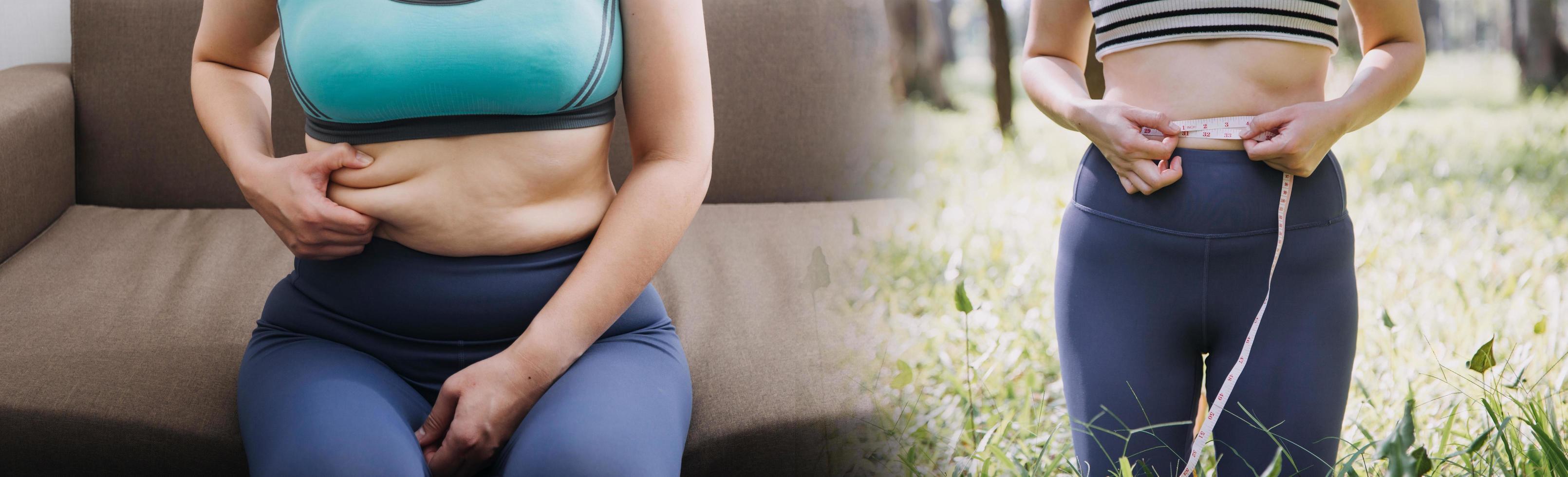 hermosa mujer gorda con cinta métrica usa su mano para exprimir el exceso de grasa que está aislado en un fondo blanco. ella quiere perder peso, el concepto de cirugía y descomponer grasa bajo el foto