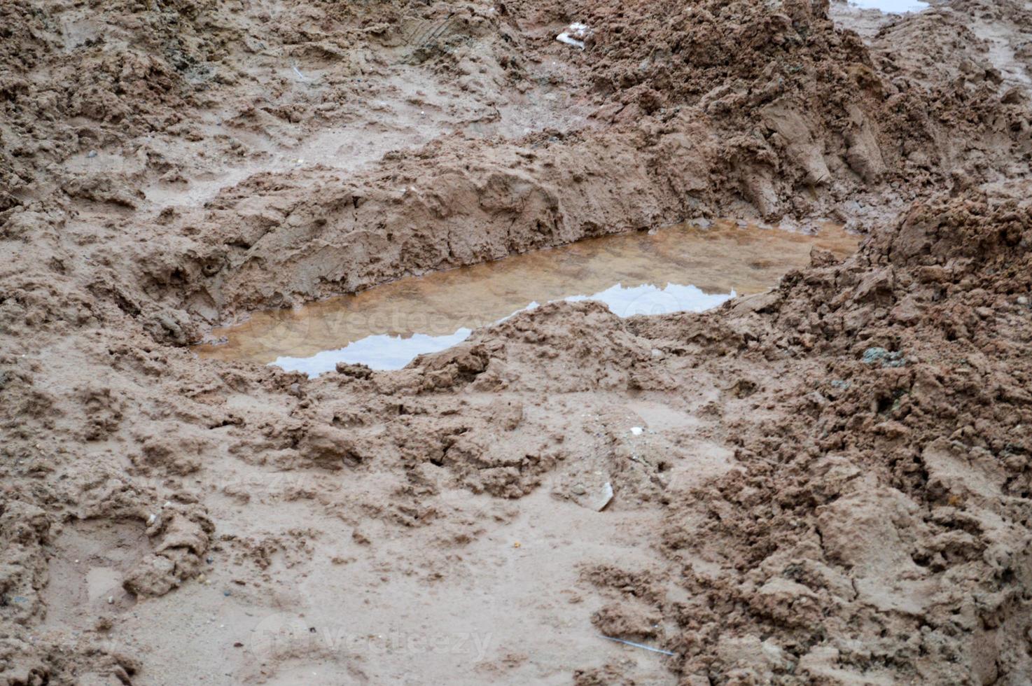 Texture of a dirty bad dirt road dirt road with puddles and clay drying mud with cracks and ruts. Off-road. The background photo