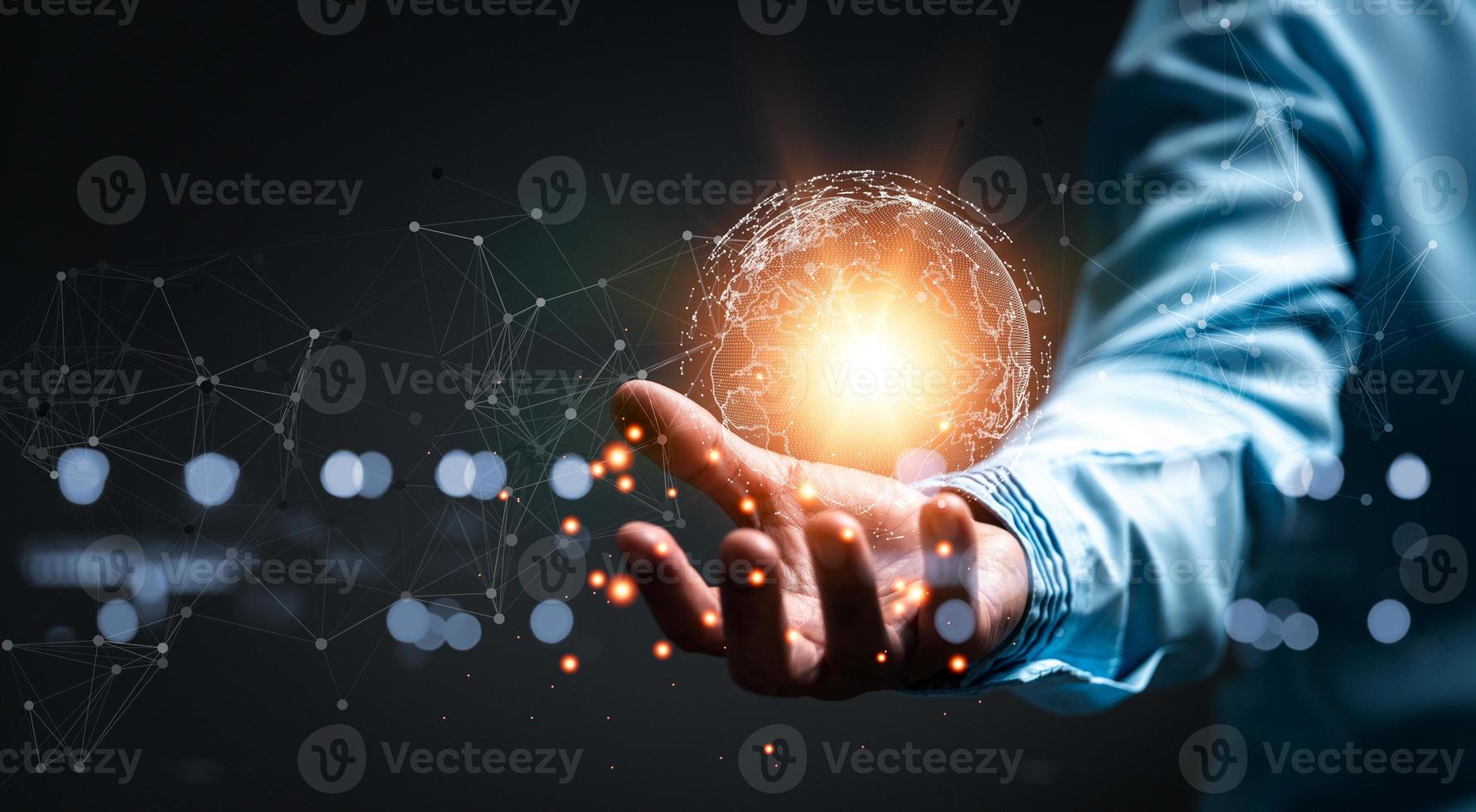 woman Hand holding Light bulb Global Internet connection. Business global internet connection application technology and digital marketing, Financial and banking, Digital link tech, big data. photo