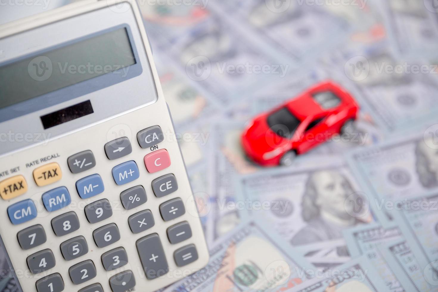 Concept of car insurance business, saving buy - sale with tax and loan for new car. Car toy vehicle with stack coin money on background. Planning to manage transportation finance costs. loan for car photo