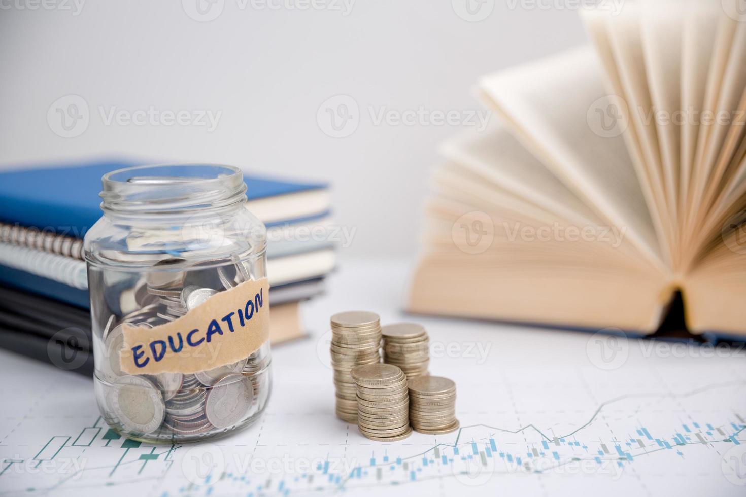 Concept to saving money income for study, Calculating student finance costs and investment budget loan. close-up education object with stack money coin-cash dollar and glass jar on background. photo