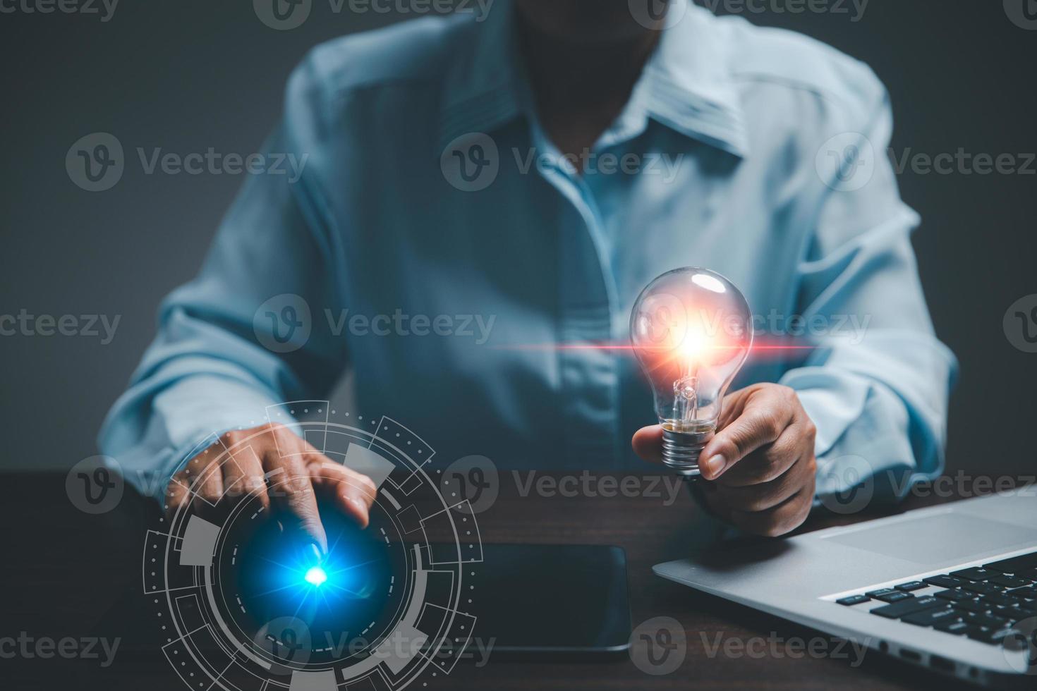 woman Hand holding Light bulb Global Internet connection. Business global internet connection application technology and digital marketing, Financial and banking, Digital link tech, big data. photo