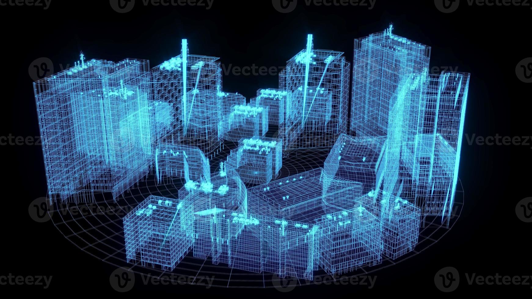 3D rendering illustration Building blueprint glowing neon hologram futuristic show technology security for premium product business finance transportation photo