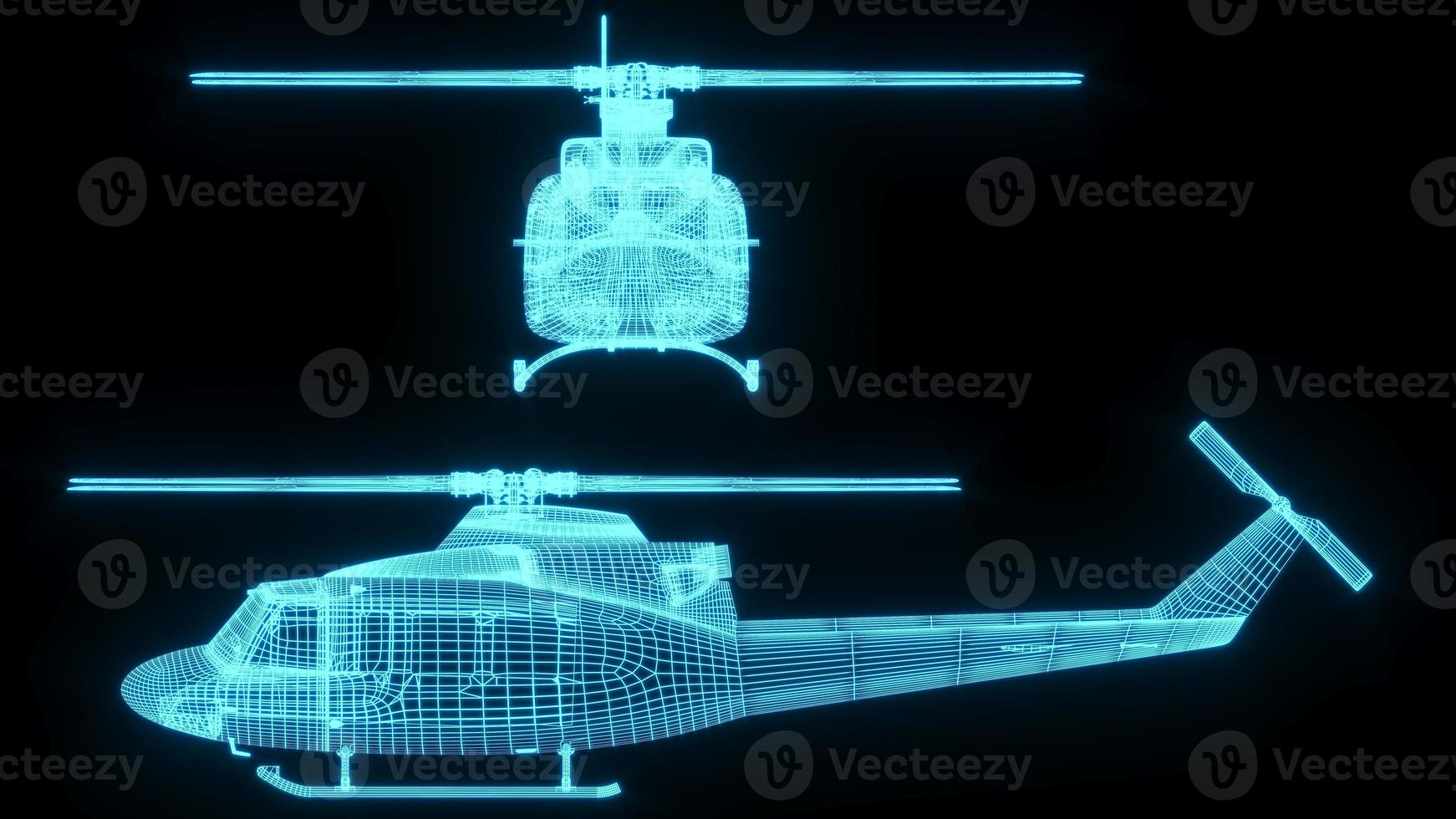 3D rendering illustration Helicopter blueprint glowing neon hologram futuristic show technology security for premium product business finance transportation photo