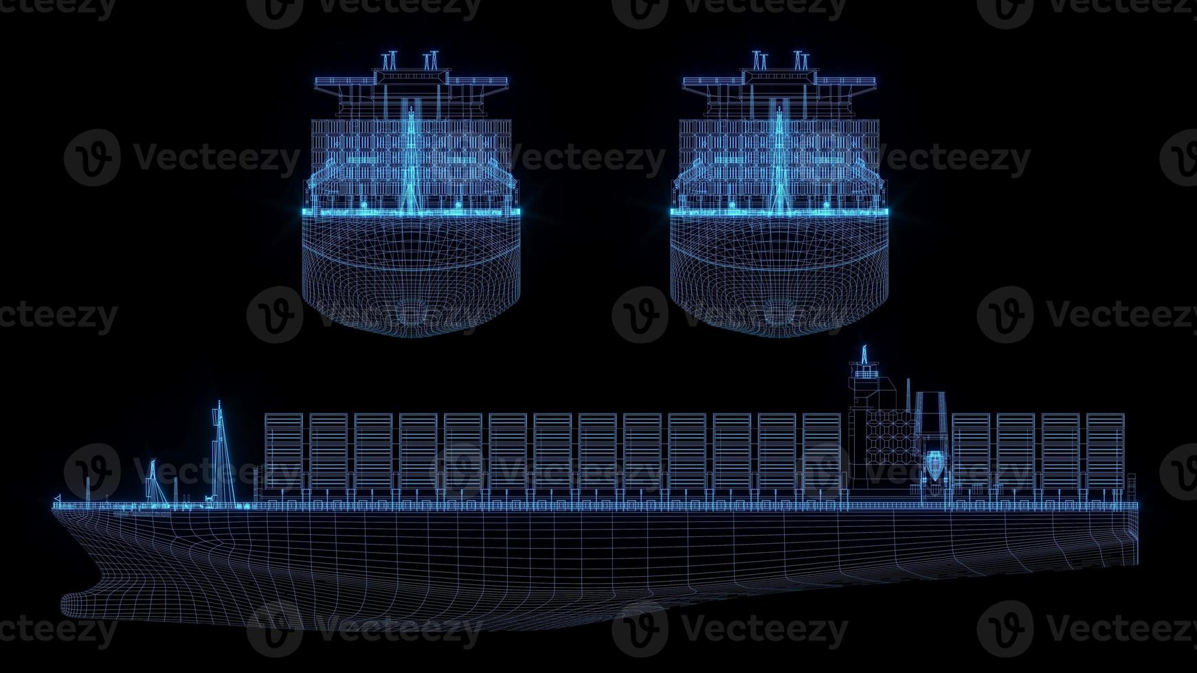 3D rendering illustration cargo ship blueprint glowing neon hologram futuristic show technology security for premium product business finance transportation photo