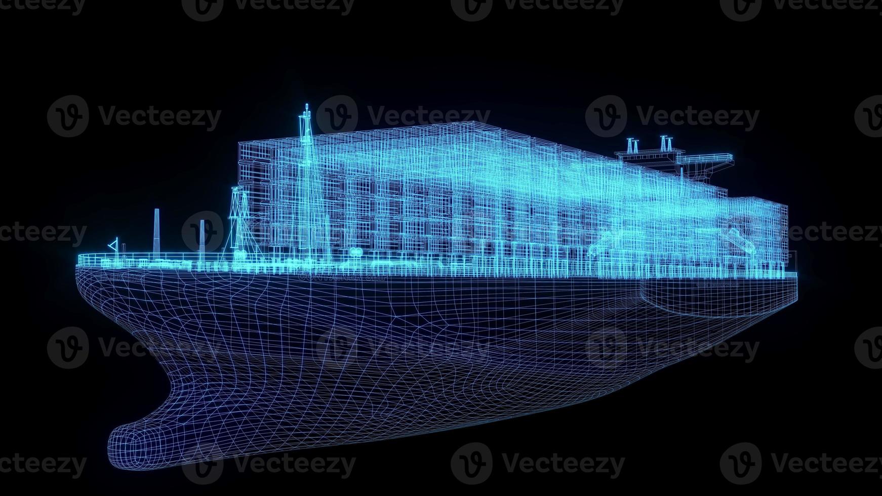 3D rendering illustration cargo ship blueprint glowing neon hologram futuristic show technology security for premium product business finance transportation photo