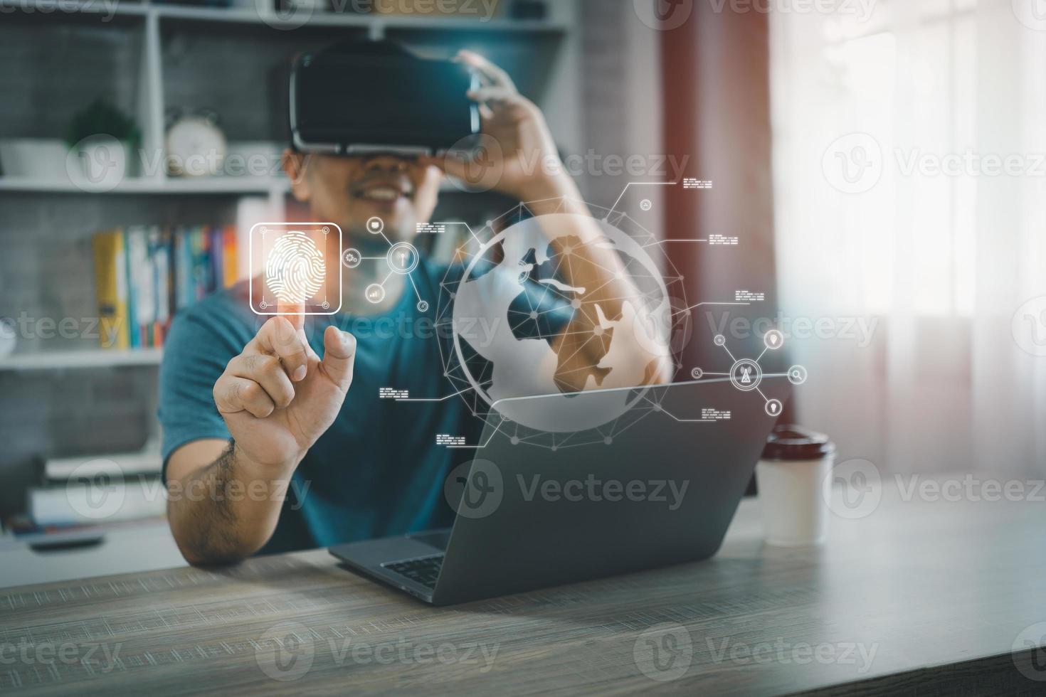 Asian man wearing VR glasses virtual global Internet connection metaverse and point finger to use degital fingerprint, Metaverse technology management, online documentation database, future technology photo