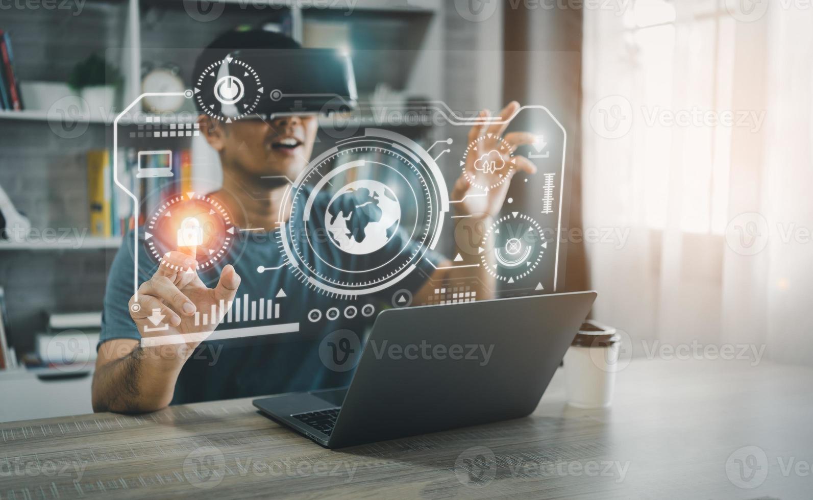 Asian man wearing VR glasses virtual global Internet connection metaverse, point finger use finger touch digital unlock, Metaverse technology management, online access to database, future technology. photo