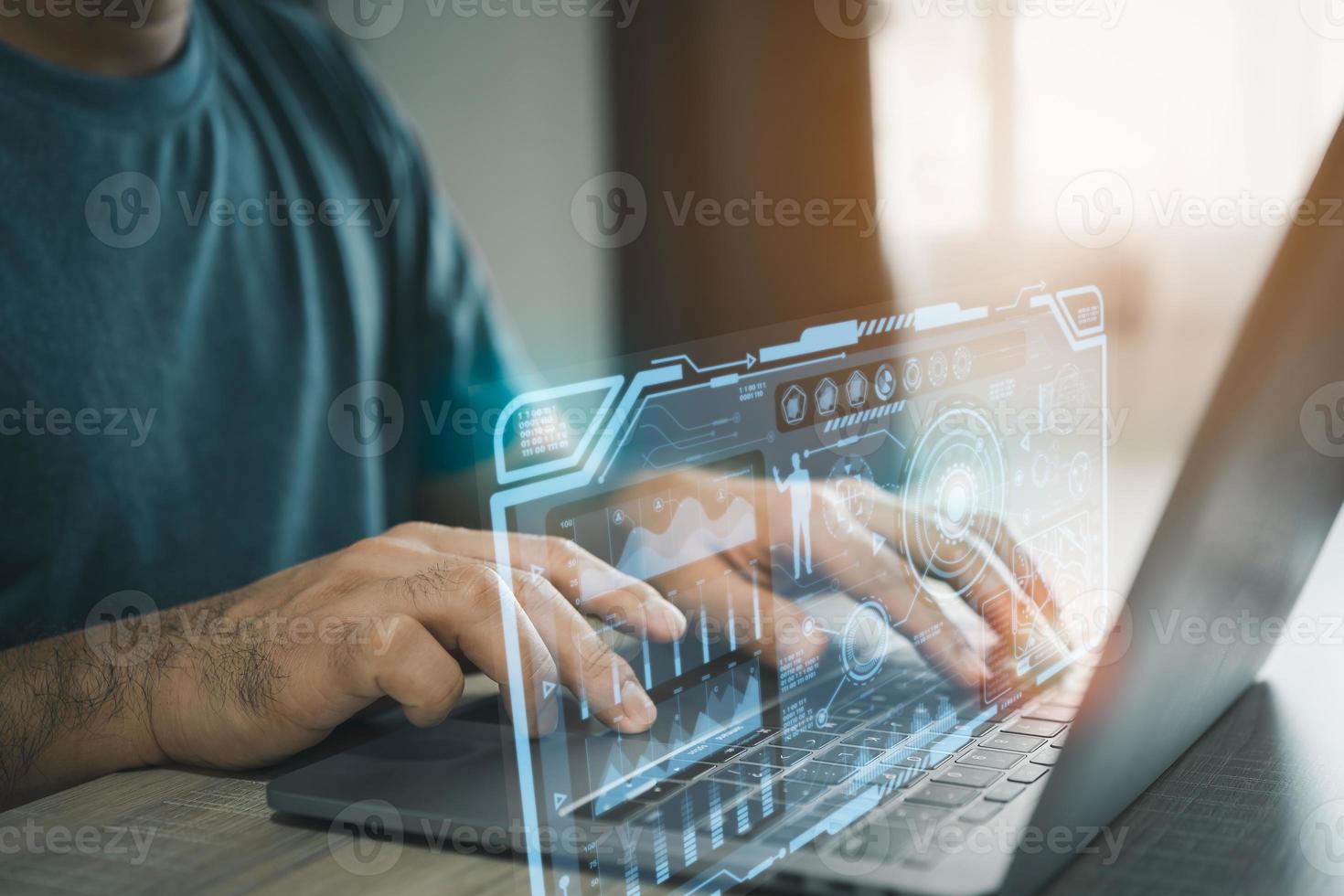 Man working with laptop for analyst working with business analytics and data management system. Making report for stat graph technology. Corporate strategy for finance, operations, sales, marketing. photo