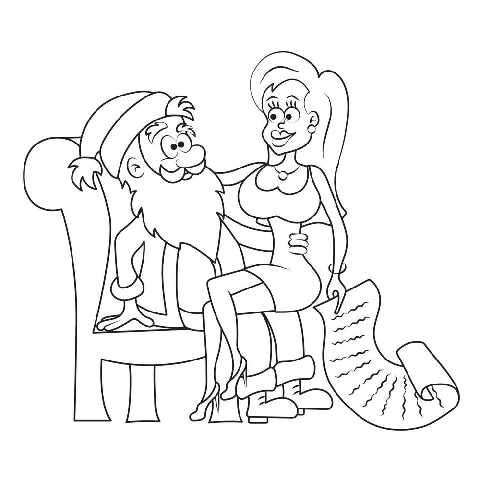 libro de colorear. rubia se sienta en el regazo de santa claus con una gran lista de deseos. jolly santa y la linda chica celebran la navidad. vector