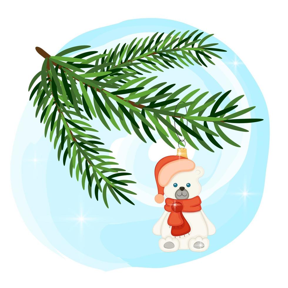 Christmas tree toy cute bear in red hat, hanging on fir branch on blue watercolor background. New Year and Christmas decorations. Vector illustration.