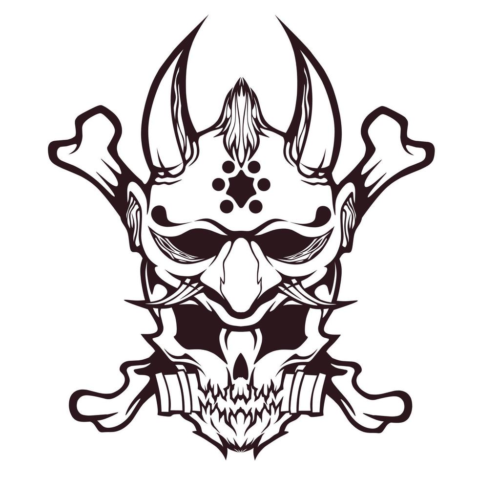 Illustration of skull head design and oni mask with two crossed bones vector