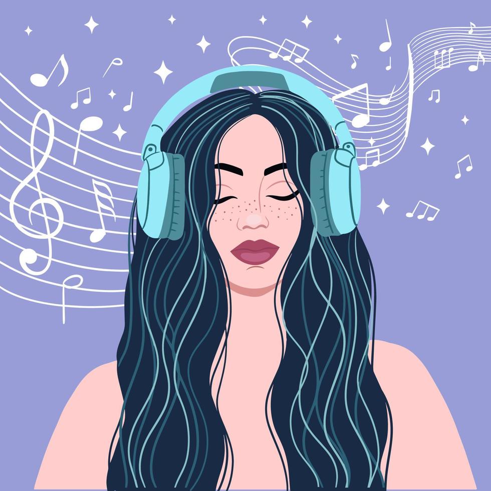 The girl with headphones listening music, meditation vector