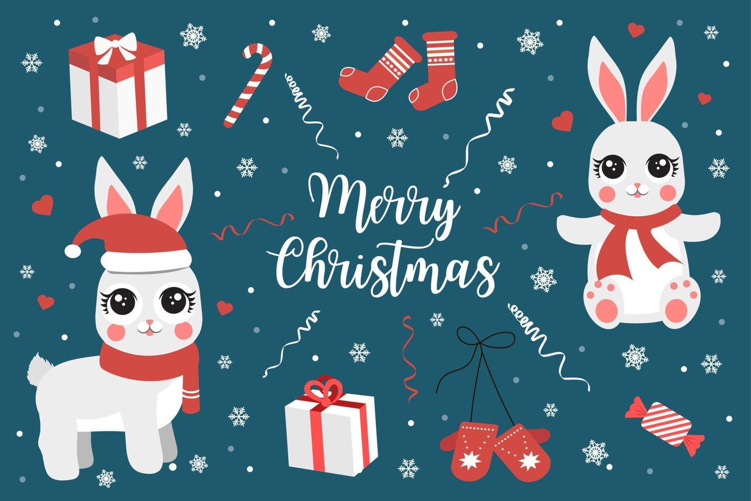Vector element set for Christmas and New year. Cute little white rabbit