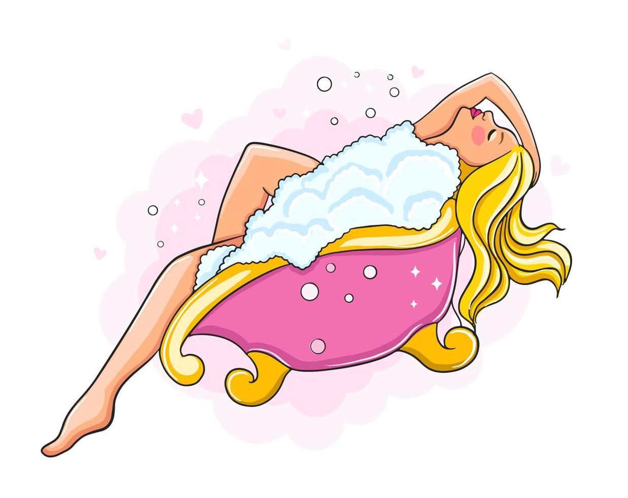 tiempo para relajarse postal, pancarta. chica rubia descansando en un baño, procedimiento de spa. mujer joven en el baño. ilustración de dibujos animados de vectores