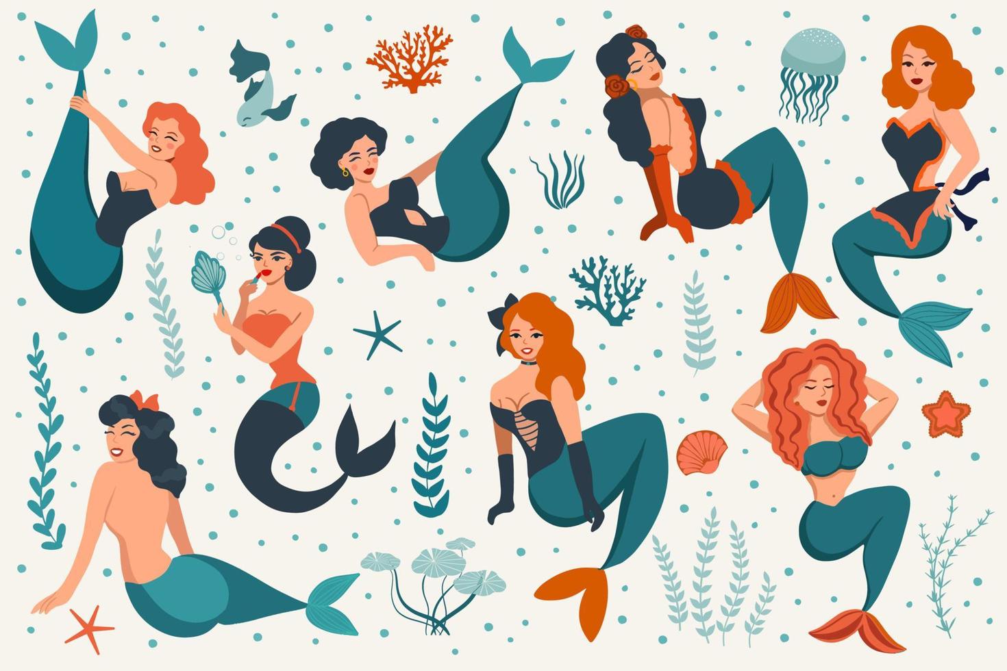 Cute mermaids in retro pin-up style. Collection of vintage women characters. Underwater world vector illustration