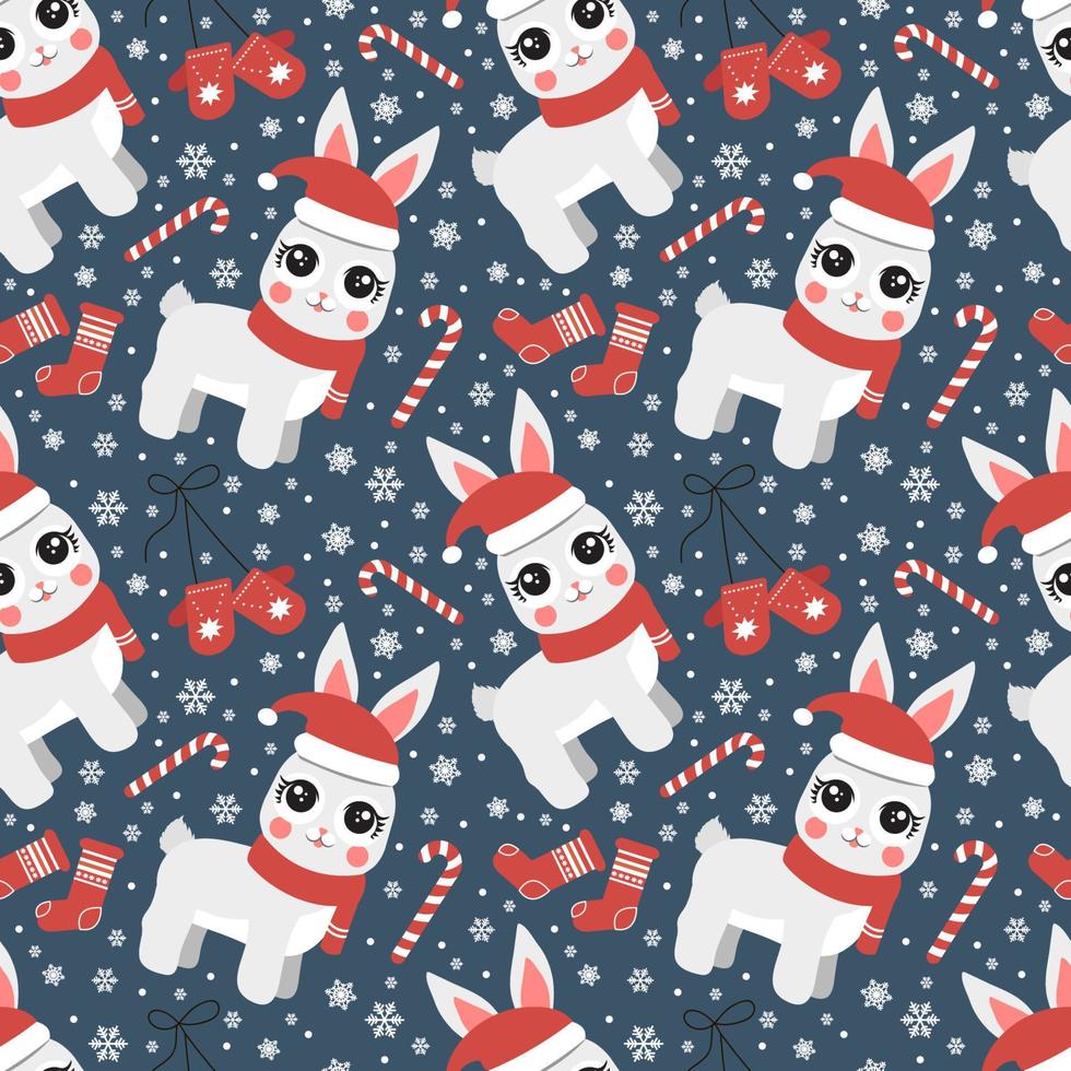 seamless pattern with christmas candy cane caramel, banny and snowflakes, endless background, repeating texture vector