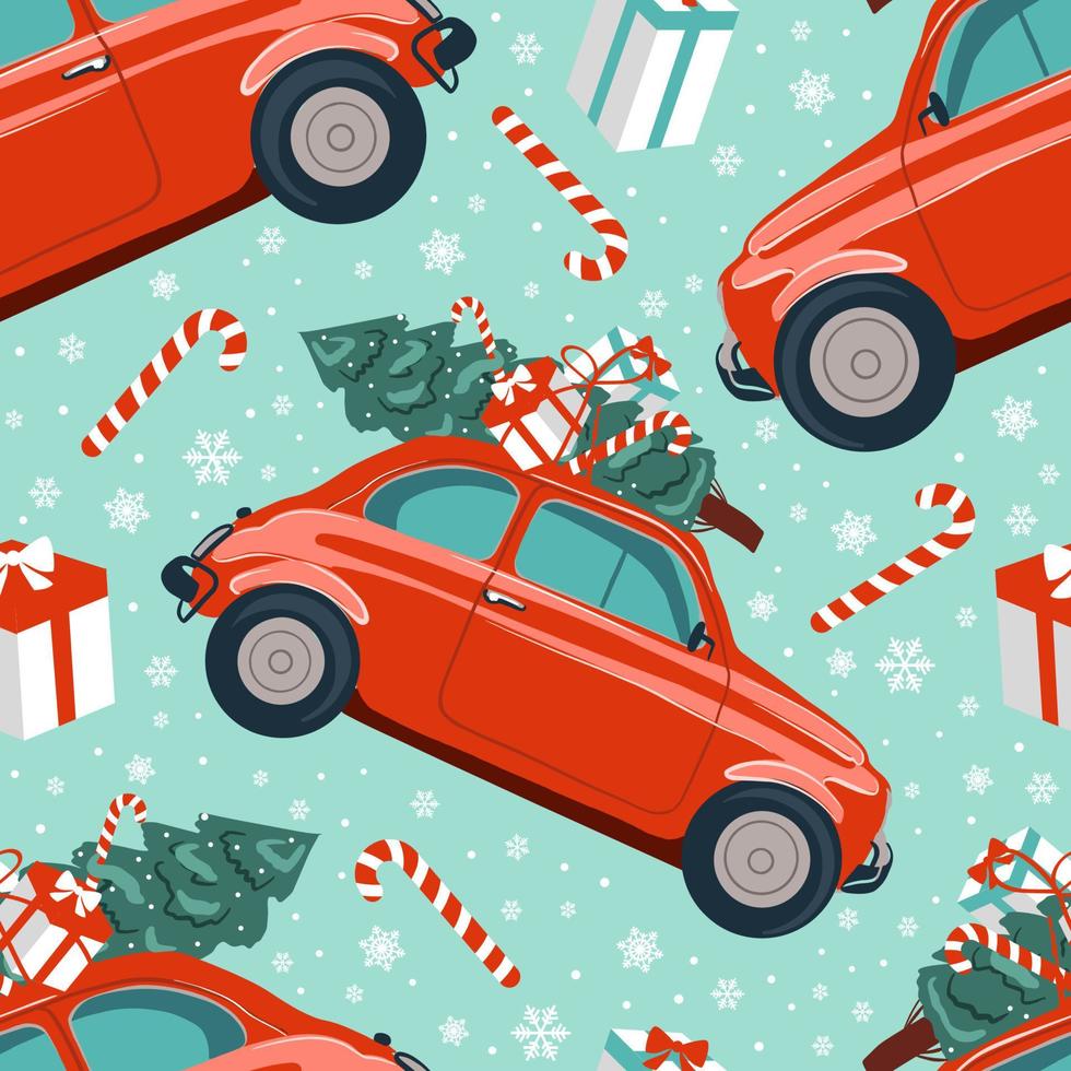 Red retro car Happy holidays template, vector Christmas seamless pattern