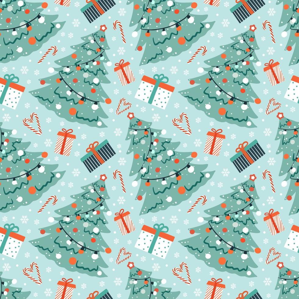 Christmas vector winter seamless pattern with fir tree, gifts and candy cane