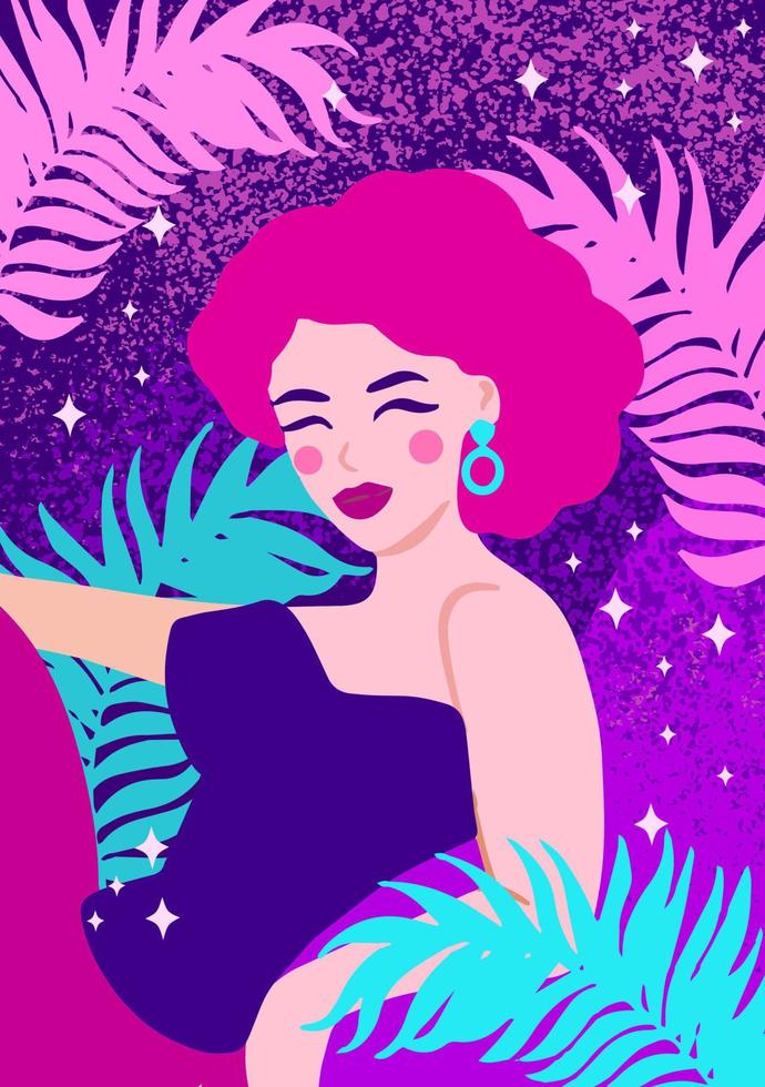 Retro futuristic vector background with a cute vintage girl.