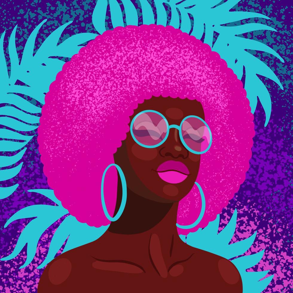 plantilla de portada de álbum de música de onda retro con chica afroamericana en gafas de sol. Fondo de vector retro futurista