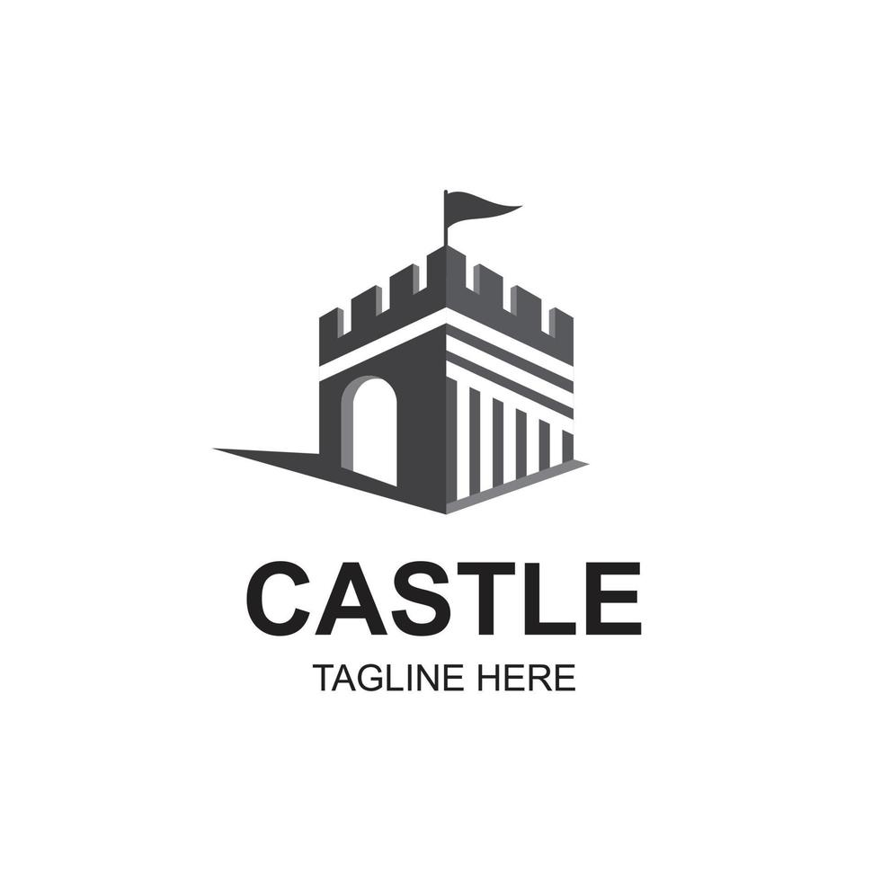 plantilla de diseño de logotipo de castillo: torre de castillo auténtica y silueta de escudo para bienes raíces, sistemas de protección. vector
