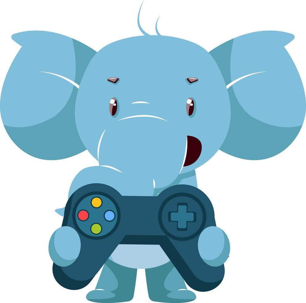 Elephant with gamepad, illustration, vector on white background.