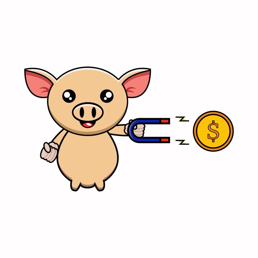 vector illustration of cute pig holding magnet to attract coins