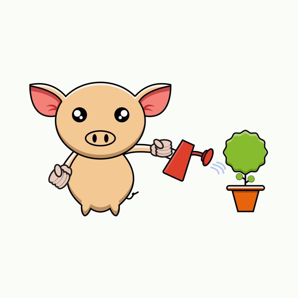 vector illustration of cute pig watering the plants