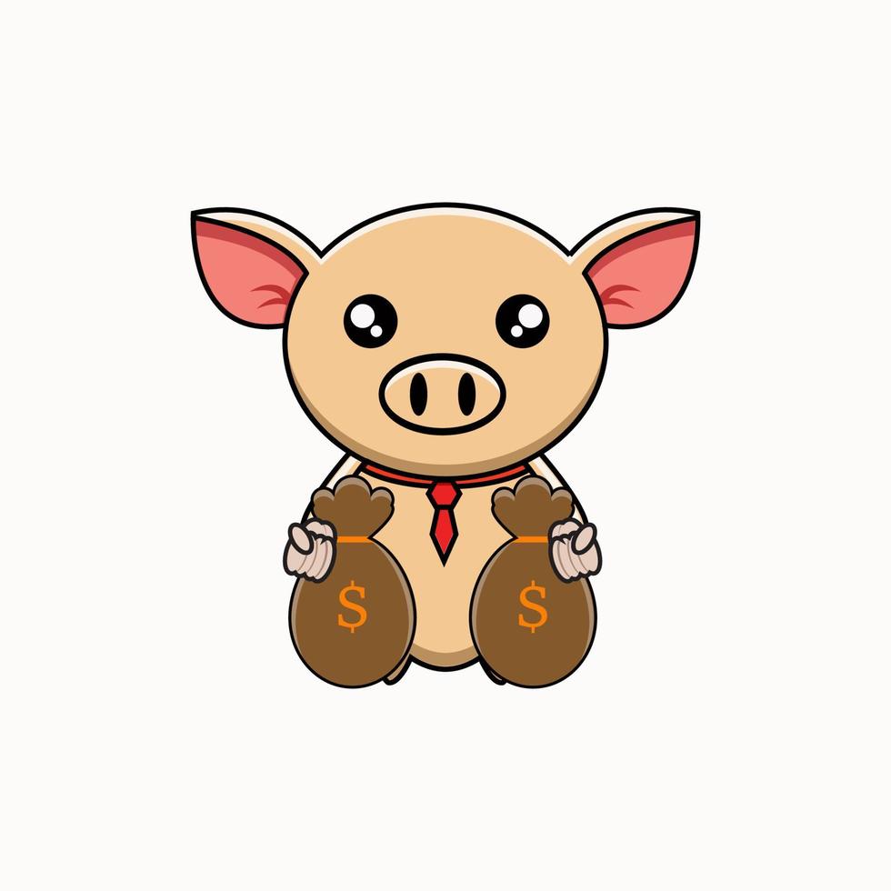 vector illustration of cute pig holding a sack filled with money