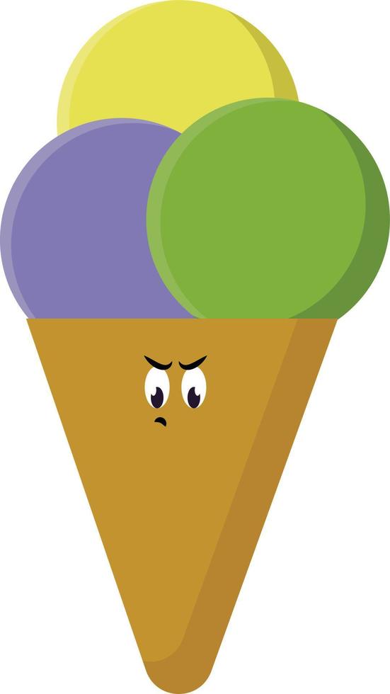 Helado enojado, ilustración, vector sobre fondo blanco.