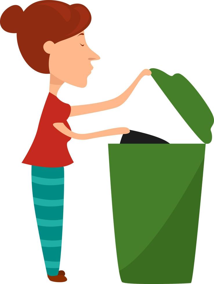 Woman taking out trash, illustration, vector on white background