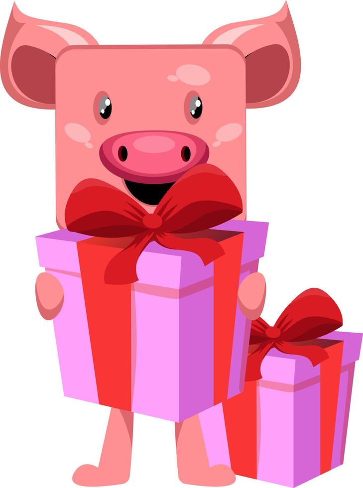 Pig with gift, illustration, vector on white background.