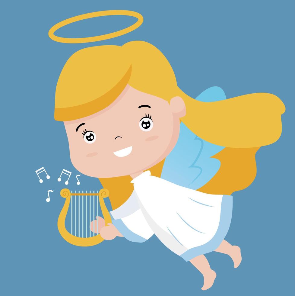 ángel con arpa, ilustración, vector sobre fondo blanco