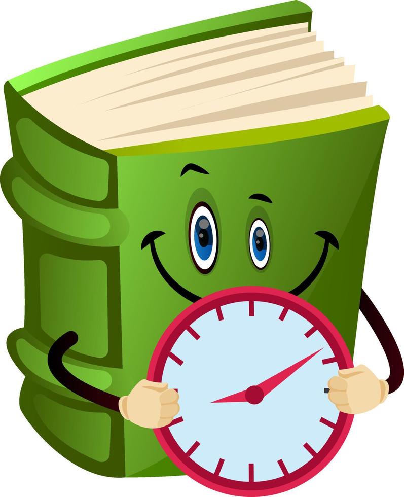 Cartoon book character is holding clock, illustration, vector on white background.