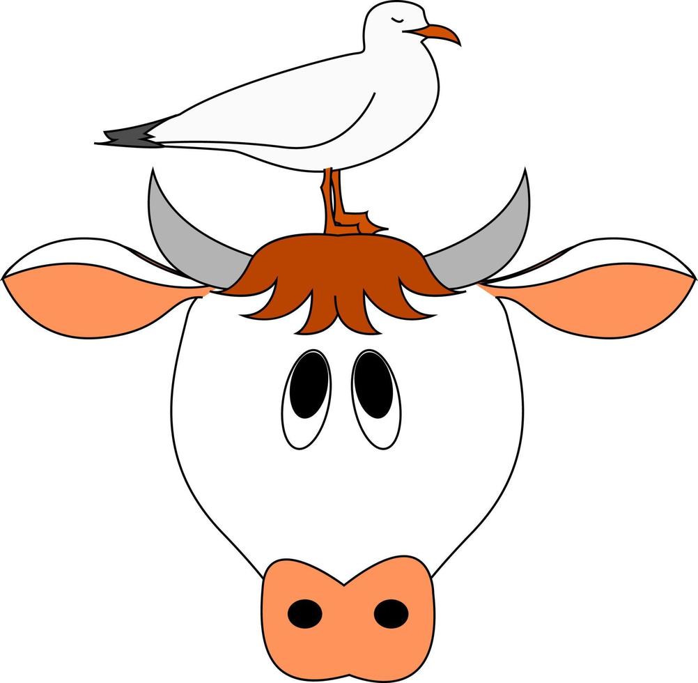 vaca y pájaro, ilustración, vector sobre fondo blanco.