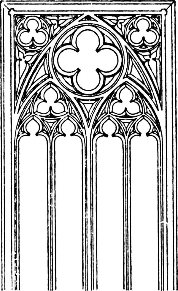 tracería gótica, diseño de sillón de catedral toscano, grabado antiguo. vector