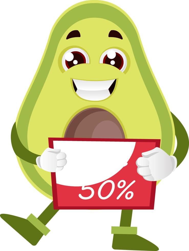 Avocado holding sale sign, illustration, vector on white background.