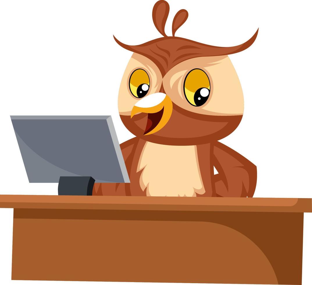 Owl working on computer, illustration, vector on white background.