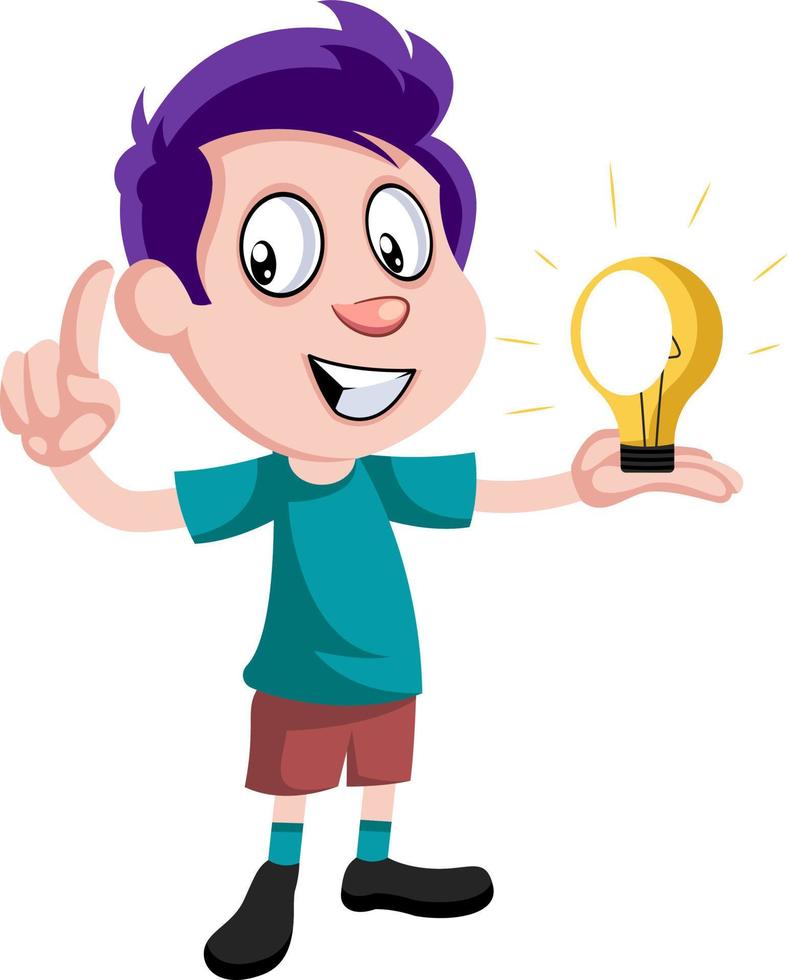 Boy with lighting bulb, illustration, vector on white background.