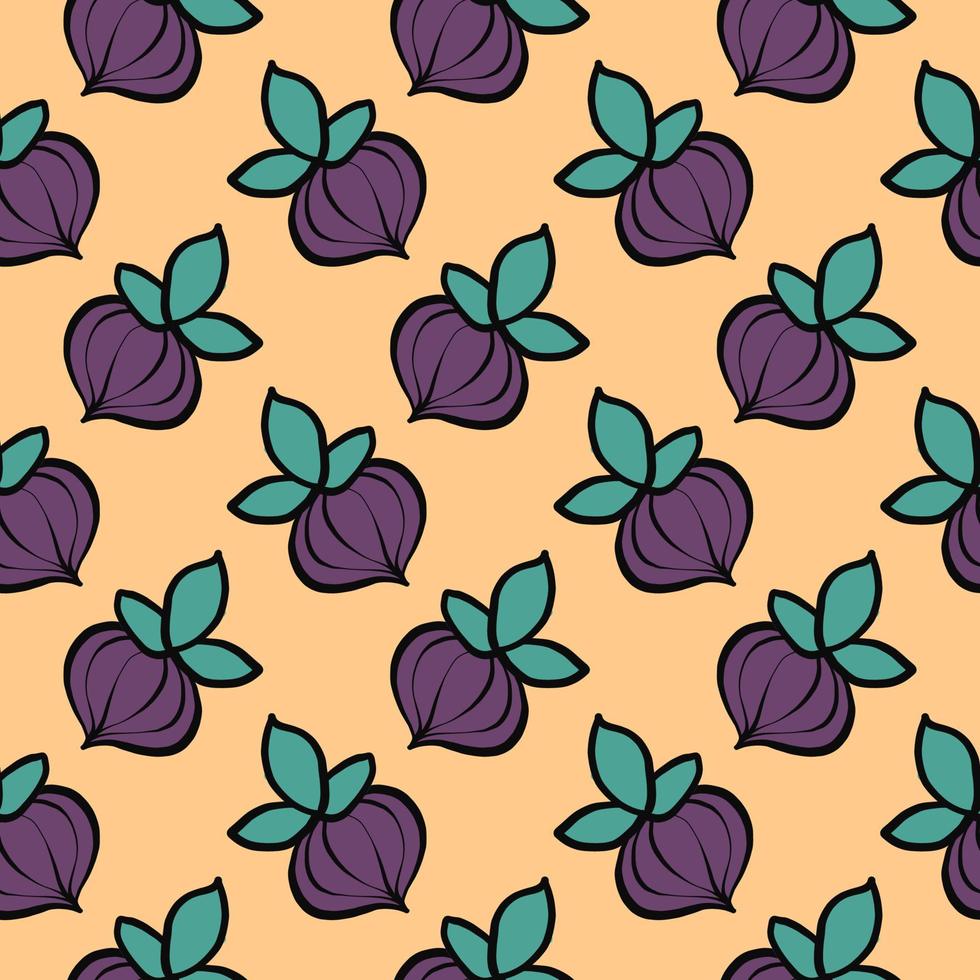 Purple fig,seamless pattern on orange background. vector
