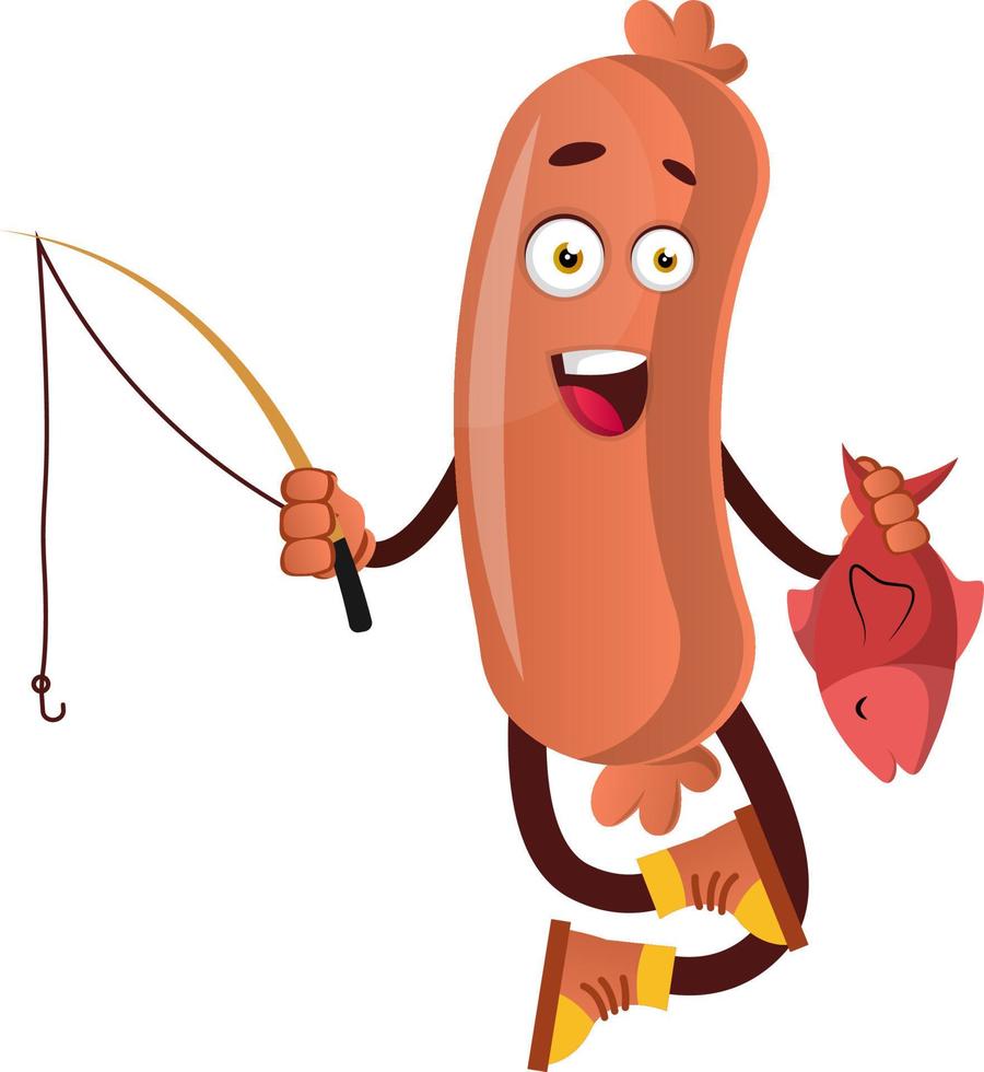 Sausage with fishing rod, illustration, vector on white background.