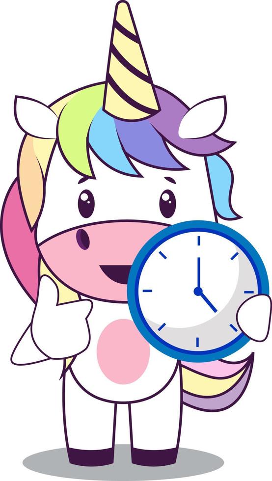 Unicorn with clock, illustration, vector on white background.